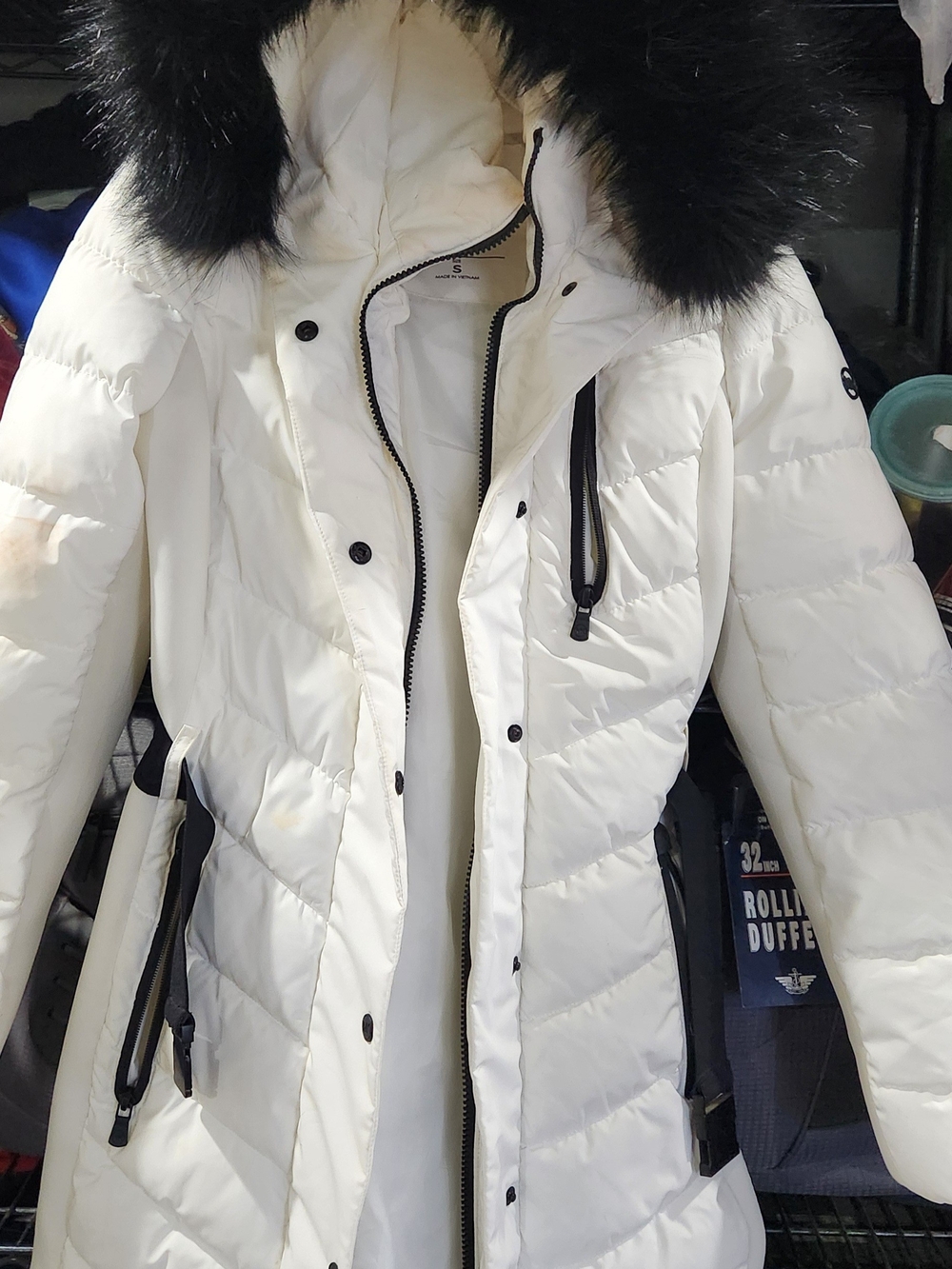 Michael Kors Cream Puffer Coat with Black Faux-Fur Trim